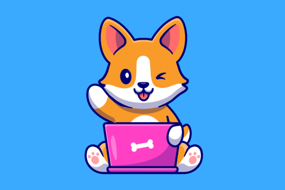 Cute Corgi Dog Working on Laptop Cartoon