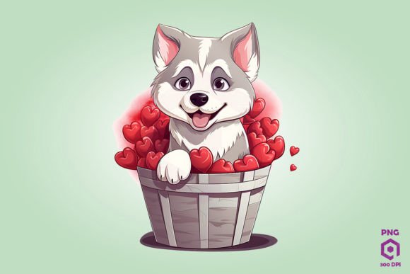 Siberian Husky Dog in Hearts Basket