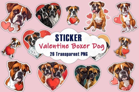 Valentine Boxer Dog Stickers PNG Bundle