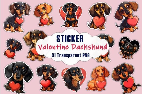 Valentine Dachshund Dog Stickers PNG Bundle
